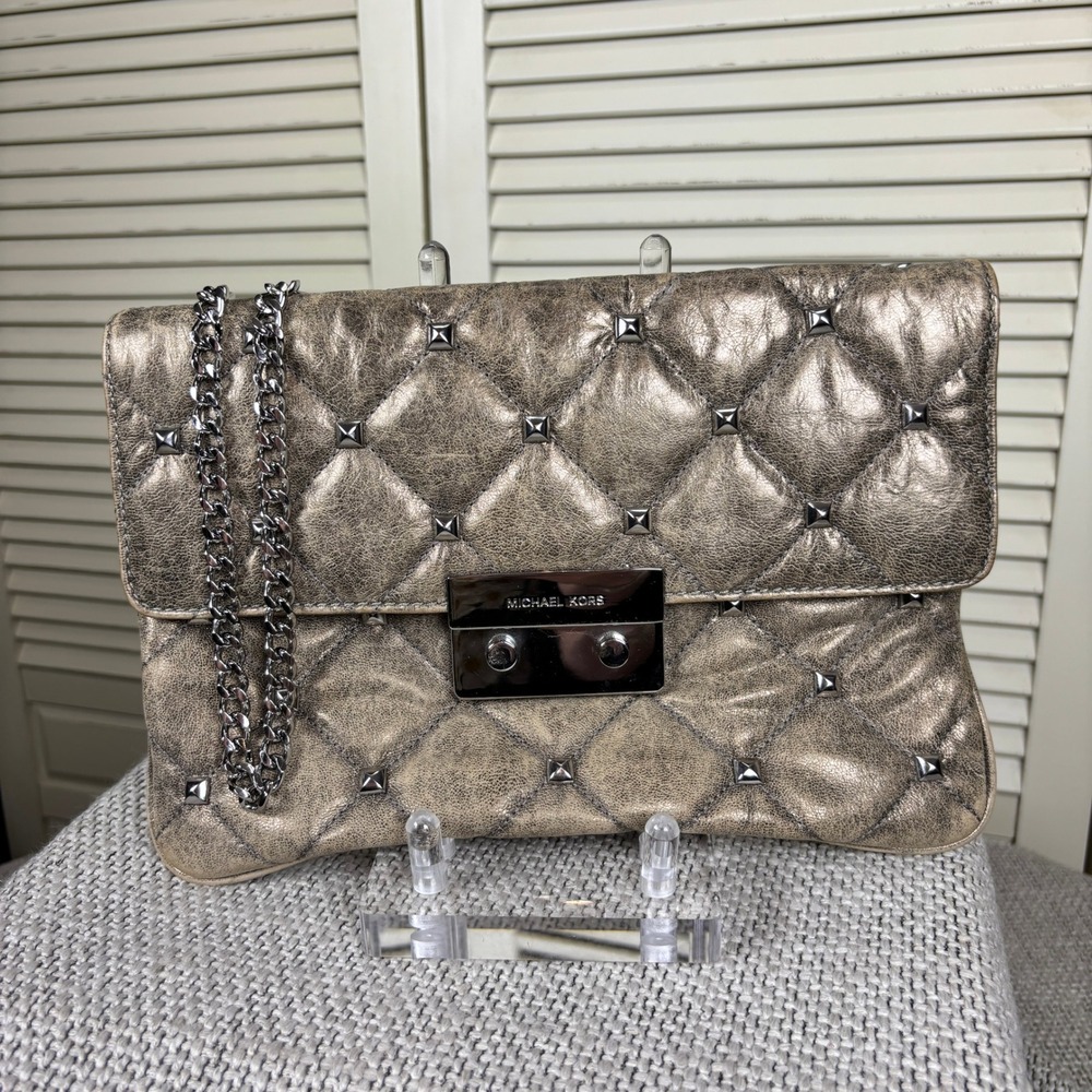 Michael Kors Bronze Quilted Studded Sloan Purse Metallic Leather Chain Handbag